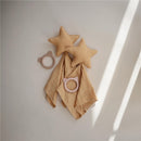 Mushie Star Lovey in fall yellow features two star-shaped plush toys and two soft, textured teething rings in muted tones.