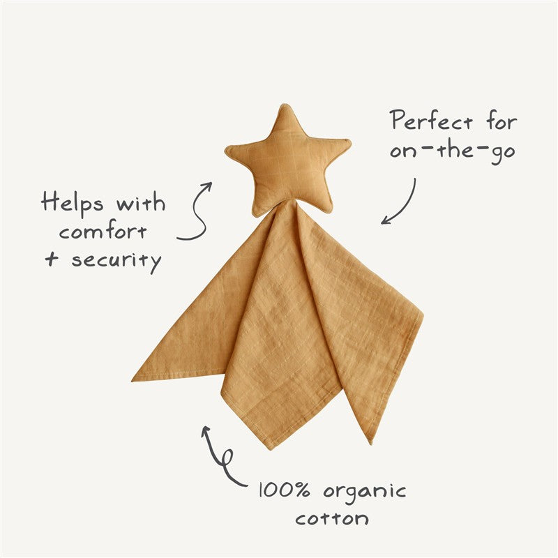Mushie Star Lovey in Fall Yellow with a star-shaped head and a triangular blanket, made of 100% organic cotton.