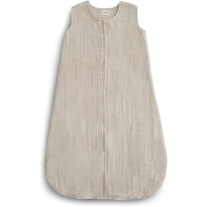 Mushie Muslin Sleep Bag in fog color, featuring a sleeveless design and a front zipper for easy dressing.