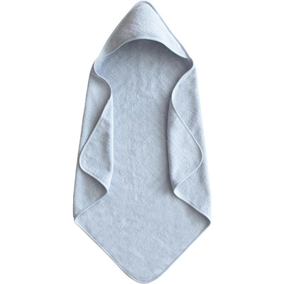 Hooded towel in baby blue, designed for infants, featuring soft fabric and a triangular hood for warmth.