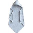 Hooded towel in baby blue, designed for infants, featuring soft fabric and a triangular hood for warmth.