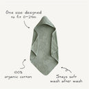 Hooded towel in baby blue, made from 100% organic cotton, designed for infants 0-24 months, remains soft after washing.