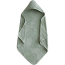 Hooded towel in moss green color, designed for children, featuring a soft and absorbent textile material.