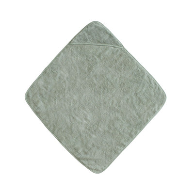 Hooded towel in moss green color, featuring a soft texture and a pointed hood for children.