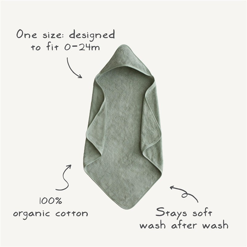 Hooded towel in moss color made from 100% organic cotton, designed for ages 0-24 months, remains soft wash after wash.