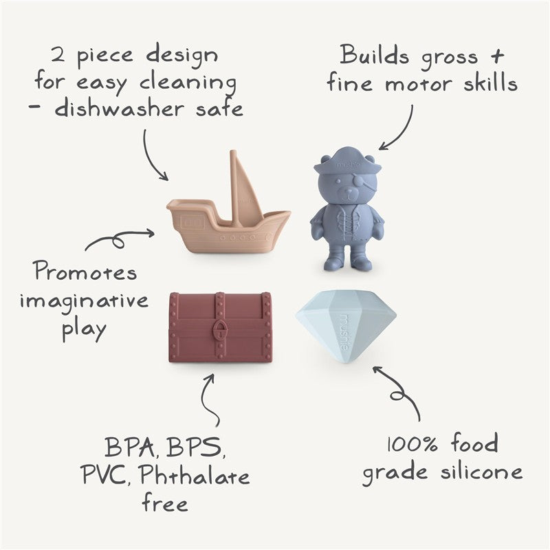 Mushie Pirate Mold Free Bath Play Set featuring a pirate ship, pirate bear, treasure chest, and diamond, made of food-grade silicone.