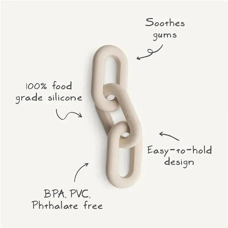 Silicone baby links teether toy in Tradewinds color, made from food grade silicone, BPA, PVC, phthalate free, with soothing qualities.