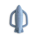 Soft blue silicone rattle teether shaped like a rocket, featuring handles for easy grip and textured details.