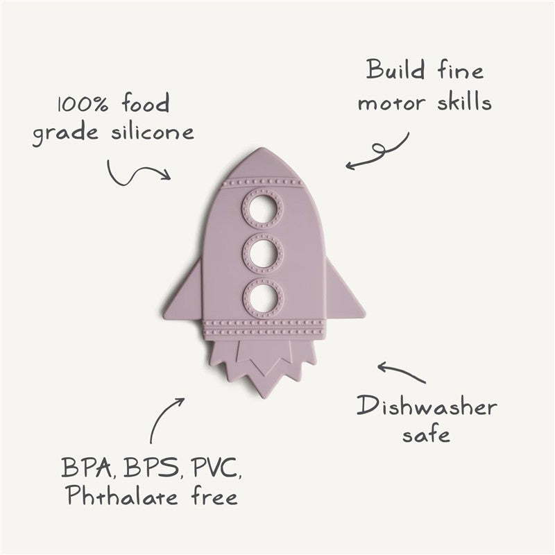 Mushie Silicone Rocket Teether in cloud color, made of safe silicone, features fine motor skill messaging and care instructions.