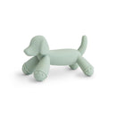 Soft green dog figurine teether with rounded features and textured paws, designed for infants to chew and play with.