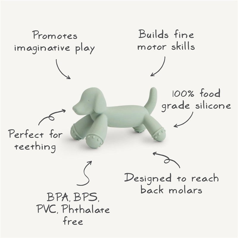 Mushie Dog Figurine Teether made of 100% food-grade silicone, promotes imaginative play, and aids teething with BPA-free materials.