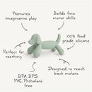 Mushie Dog Figurine Teether made of 100% food-grade silicone, promotes imaginative play, and aids teething with BPA-free materials.