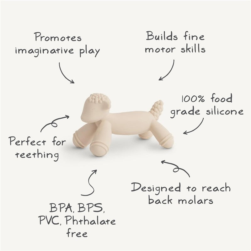 Silicone lamb figurine teether, made of food-grade silicone, promotes imaginative play and teething.