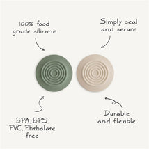 Mushie Silicone Drain Stopper 2-Pack in dried thyme and shifting sand, made of food-grade silicone, BPA-free, durable and flexible.