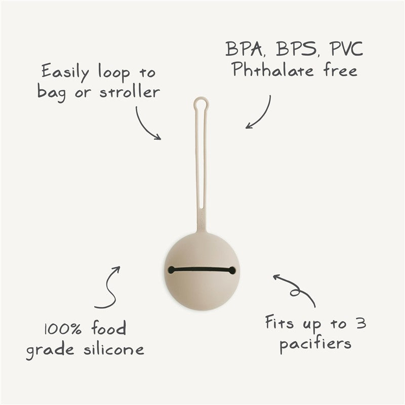 Mushie Silicone Pacifier Holder Case in Dried Thyme, made of 100% food-grade silicone, fits up to 3 pacifiers.