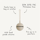 Powder blue silicone pacifier holder case with a loop for bags or strollers, fits up to 3 pacifiers, and is BPA-free.