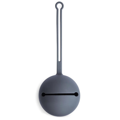 Silicone pacifier holder case in dark gray, featuring a circular design with a slot for pacifier attachment and a hanging loop.