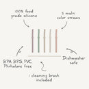 Five multi-colored silicone straws made from 100% food grade silicone, BPA-free, with a cleaning brush included.
