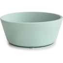 Silicone suction bowl in Cambridge Blue, designed for children; features a wide, shallow shape and sturdy base.