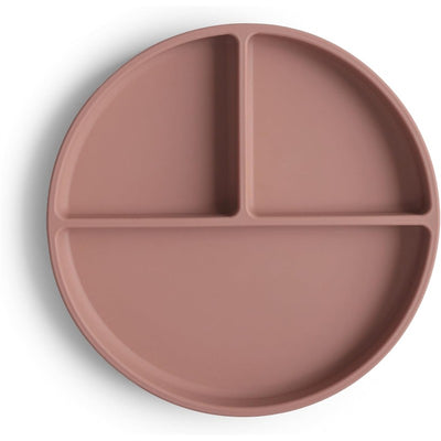 Mushie Silicone Suction Plate in Cloudy Mauve, featuring three compartments for food serving.