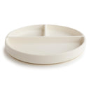 Silicone suction plate in ivory color, featuring three divided sections for portioning food.