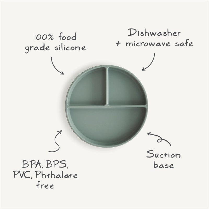 Silicone suction plate in ivory, featuring three sections, made from food-grade silicone, BPA-free, and safe for microwave and dishwasher.