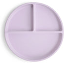 Silicone suction plate in soft lilac with three divided sections for portion control.