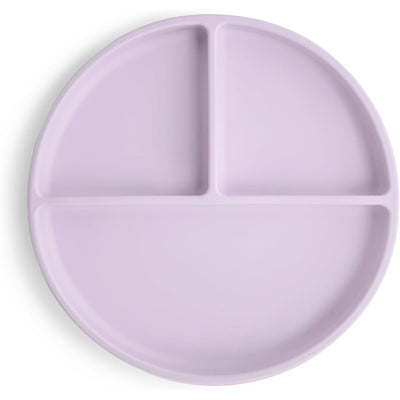 Silicone suction plate in soft lilac with three divided sections for portion control.
