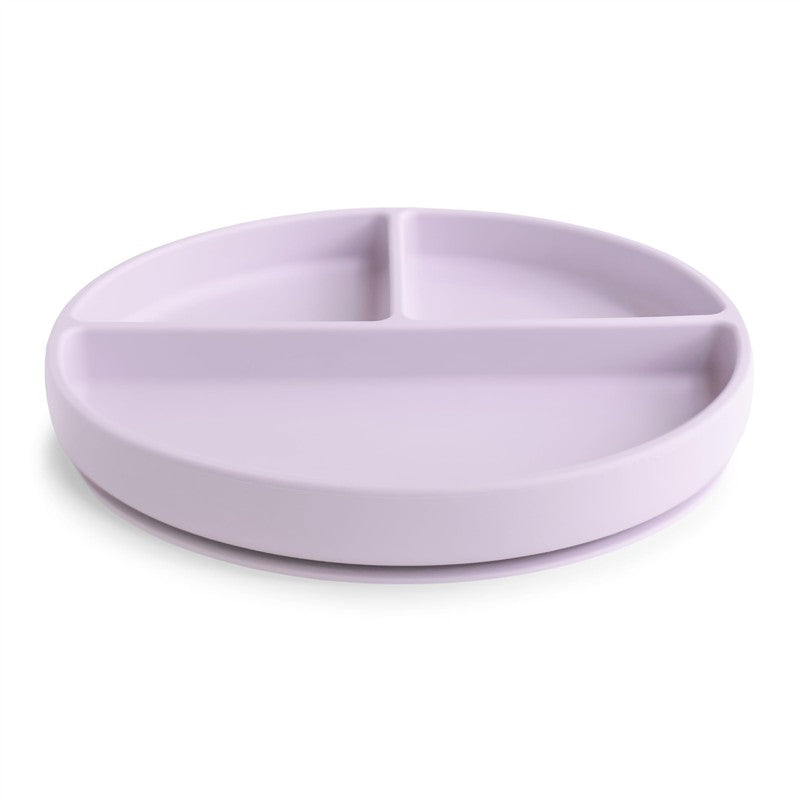 Soft lilac silicone suction plate with three compartments for easy mealtime serving for children.