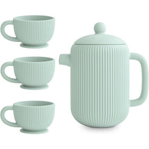 Silicone tea play set in Cambridge Blue featuring a ribbed teapot and three matching cups.