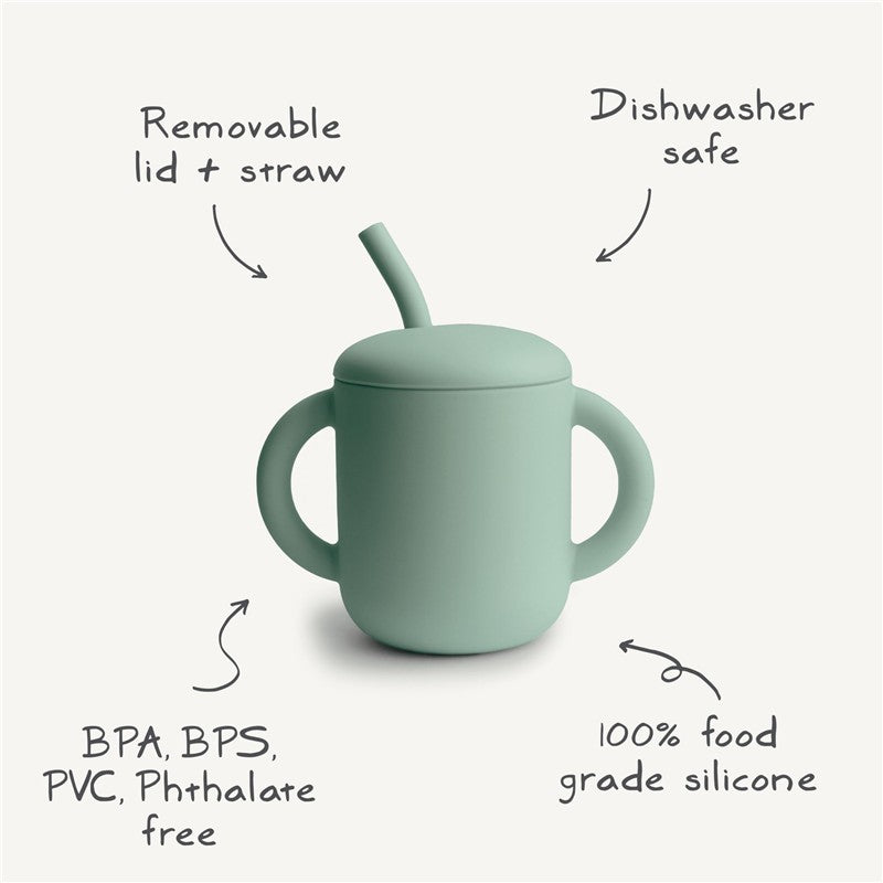 Powder blue silicone training cup with a removable lid and straw, marked dishwasher safe and made from 100% food grade silicone.