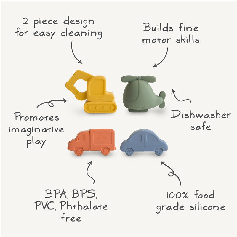 Mushie Vehicles Mold-Free Bath Play Set 4-Pack featuring a yellow excavator, green helicopter, orange truck, and blue car, labeled with key features.