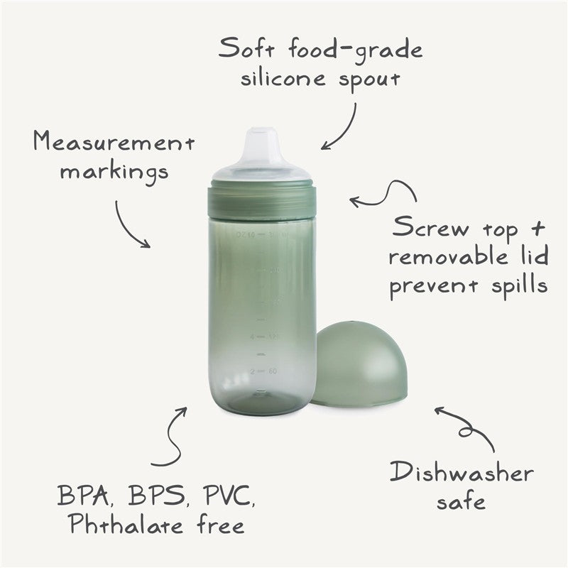 Mushie Soft Spout Sippy Cup in Tradewinds color features a soft silicone spout, measurement markings, and a removable lid.