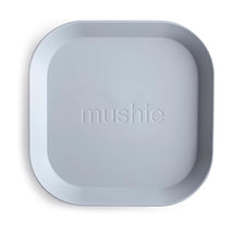 Mushie Silicone Square Plate in Cloud color, featuring rounded corners and embossed brand name.