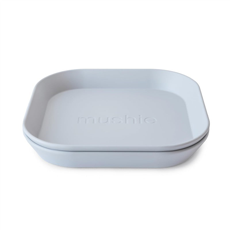Mushie Silicone Square Plate Dinnerware Set in Cloud color, featuring a minimalist design with rounded edges and embossed branding.