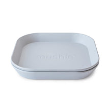 Mushie Silicone Square Plate Dinnerware Set in Cloud color, featuring a minimalist design with rounded edges and embossed branding.