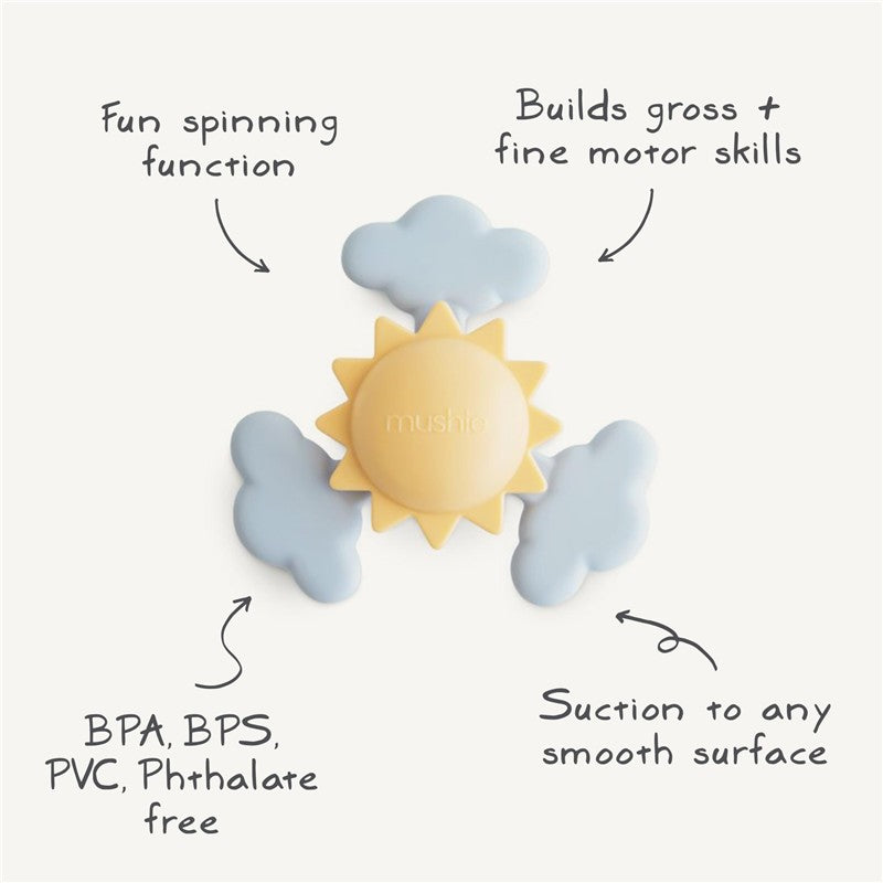 Mushie Sunshine Suction Spinner Toy with spinning function, builds motor skills, suction to smooth surfaces, BPA-free.
