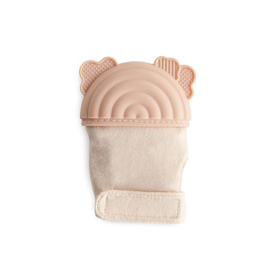 Silicone teething mitten in rainbow design, featuring soft fabric and textured silicone top for soothing gum relief.