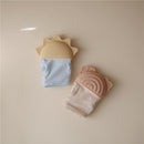 Silicone teething mittens in rainbow colors with soft fabric sleeves, designed for infants to soothe gums safely.
