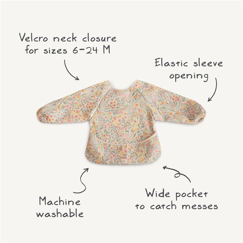 Water-resistant long sleeve baby bib in a floral pattern, featuring Velcro neck closure, elastic sleeve openings, and a wide pocket.