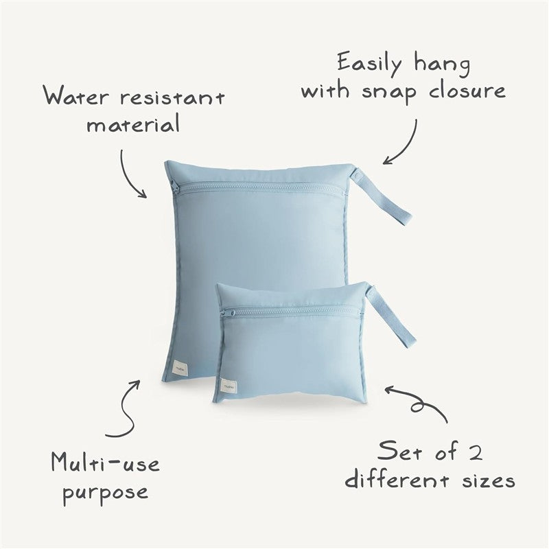 Bees-themed water-resistant wet bags in light blue, available in two sizes with snap closures, suitable for multi-use.
