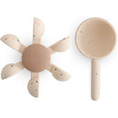 Mushie Water Wheel Bath Toy features a star-shaped wheel with colorful speckles and a scoop for pouring water.