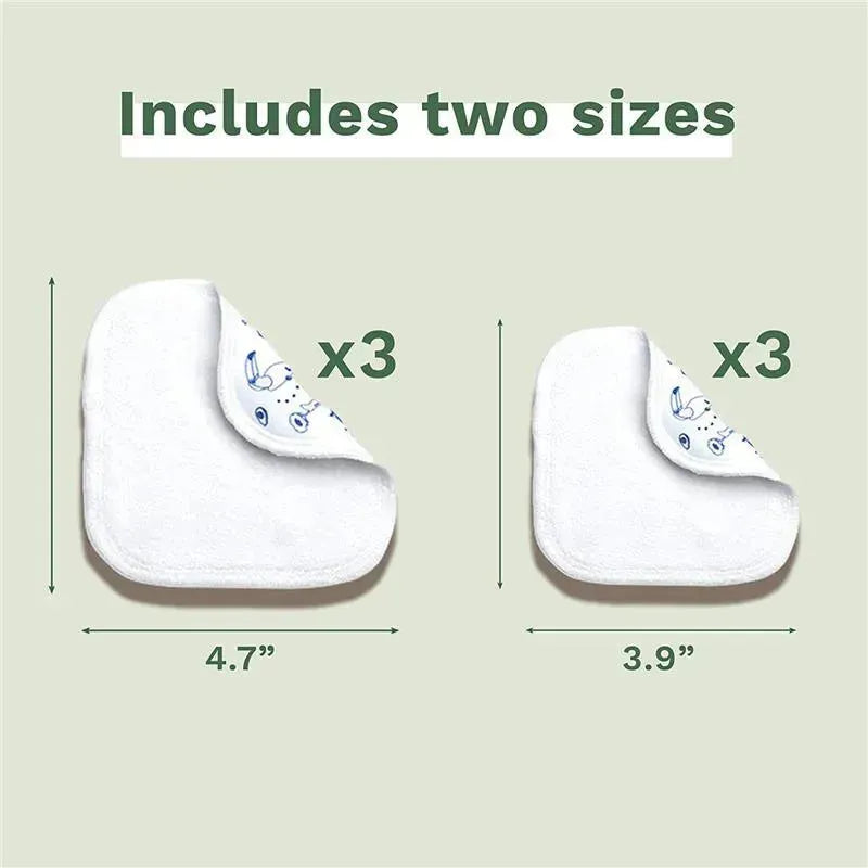 Reusable washable baby eco-wipes in two sizes (3.9” and 4.7”), with playful blue designs, six total included.