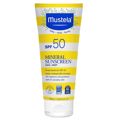 Mustela Mineral Sunscreen SPF 50 for baby, child, and family face and body, 100mL tube.