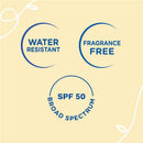 Water-resistant, fragrance-free Mustela Mineral Sunscreen Lotion SPF 50, with broad spectrum protection details in circular text.