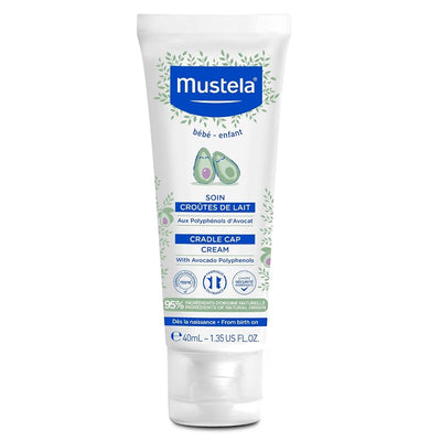 Mustela Cradle Cap Cream 40ml, featuring avocado polyphenols, designed for treating baby cradle cap.