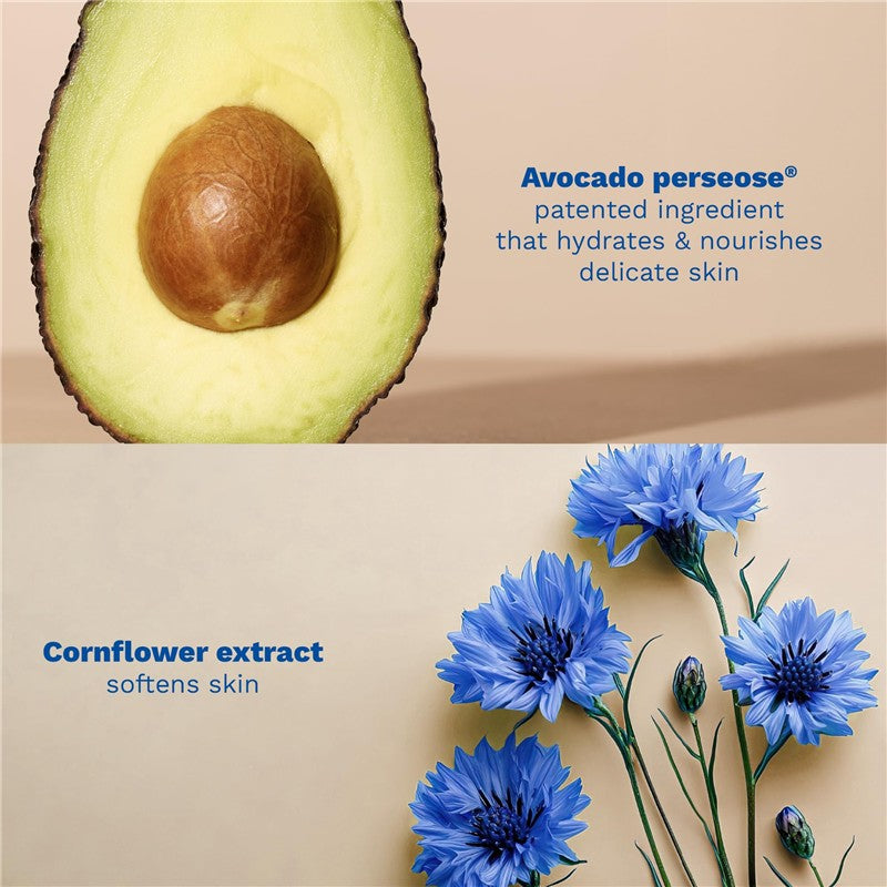 Avocado half highlighting the seed with text about Avocado perseose® and blue cornflower extract enhancing skin hydration and softness.