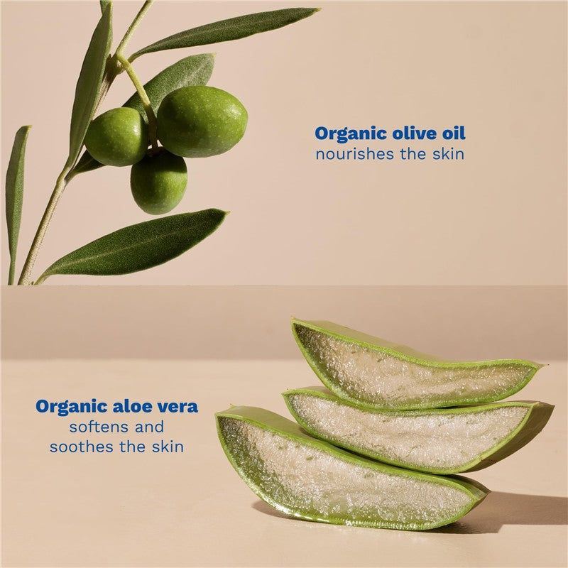 Organic olive oil and aloe vera slices displayed with descriptions emphasizing their skin-nourishing properties.