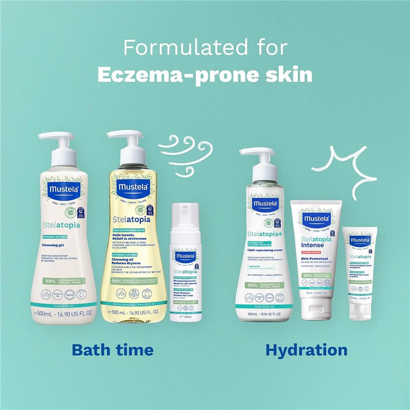 Mustela Stelatopia product lineup for eczema-prone skin, featuring a cleansing gel and hydrating creams against a light blue background.