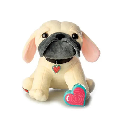 Plush pug puppy featuring a black mouth, large eyes, and a heart-shaped tag, designed to replicate a heartbeat sound.
